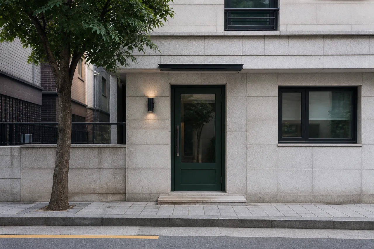 AI로 생성한 가상 숙소 입구와 주변 맥락 예시